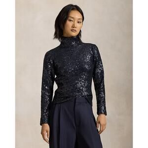 Polo Ralph Lauren Sequined Jersey Turtleneck Longsleeve Sz S Obsidian Blue Black